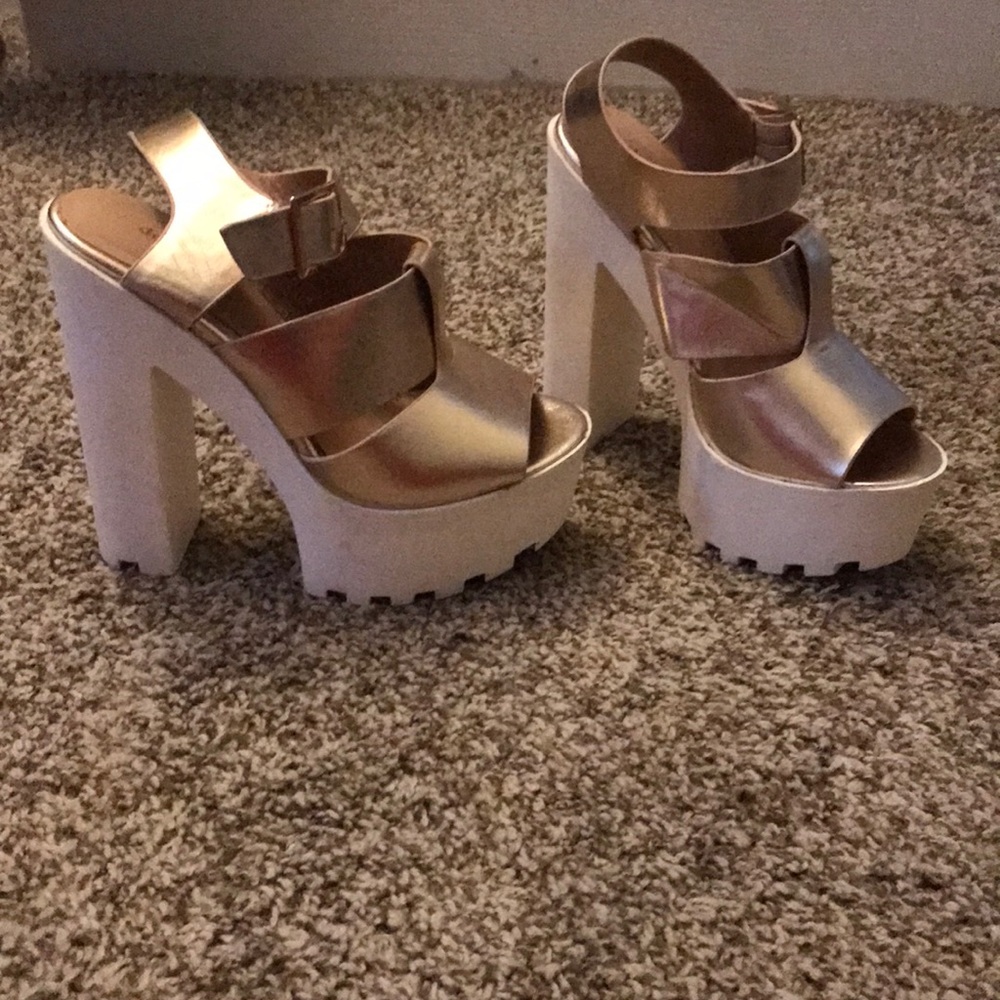 Gold and white platform chunky heels
